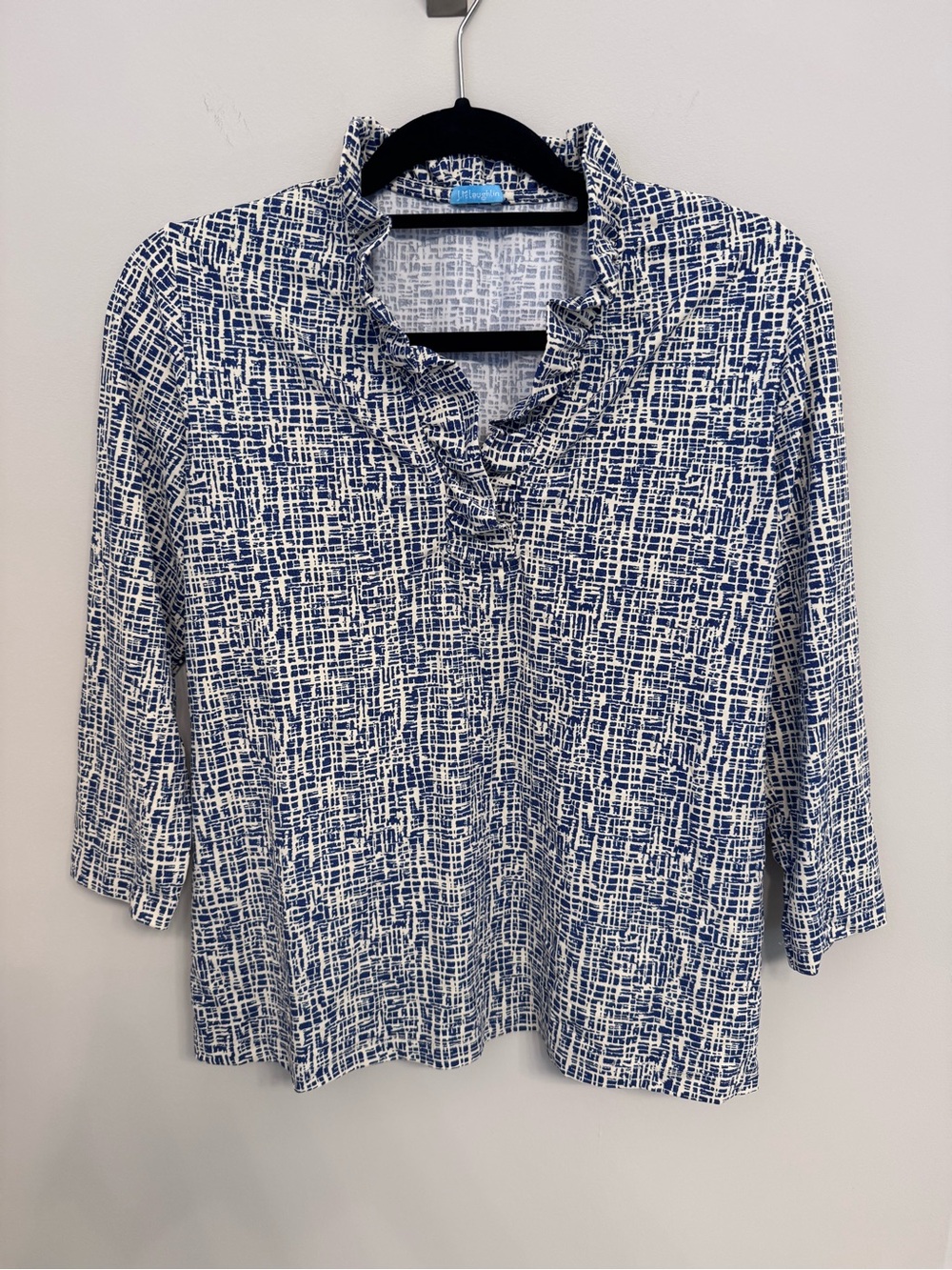 J. McLaughlin Blue & White Ruffle Collar Women's 3/4 Sleeve